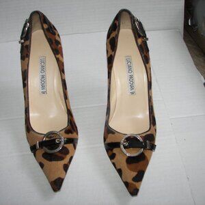 Luciano Padovan women's leopard/camo suede heels size 38 buckles pointed toe